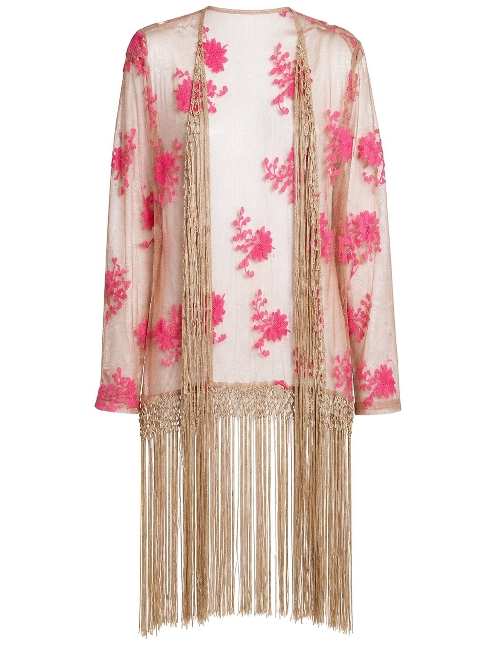Buffalo David Bitton Small Sheer Beige Fringe Kimono with Pink Floral Embroidery